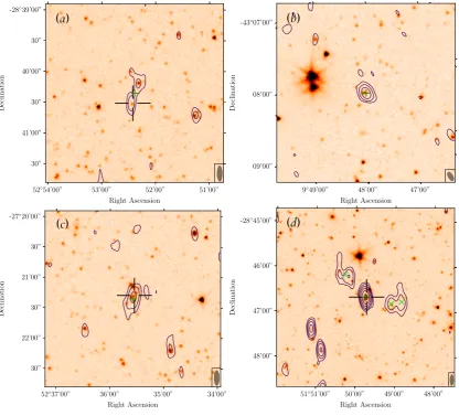 Figure 1.2: Four examples of scenarios that would result in an incorrect cross-match if the cross-matching were done by anAGN; the isolated radio lobes have been manually associated with the core, but this would not have been the case in a blind(top-le�) s
