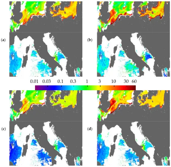Figure 4. (a) Chl SAT  (mg m −3 ) from a MODIS-Aqua overpass on 5 May 2013 at 12:10 (original satellite  projection at ~1 km resolution, central section removed); (b) overall uncertainty in chl SAT , chl SAT  × 