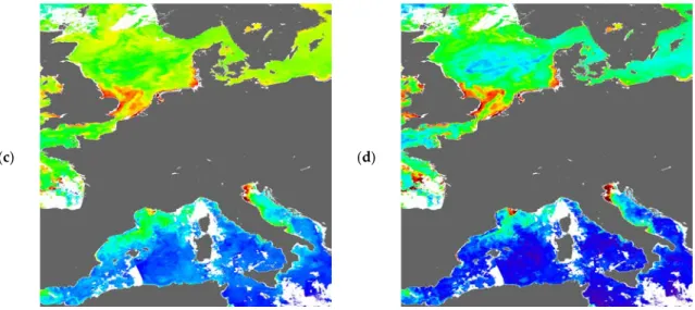 Figure 7. Weighted composites and their uncertainty. (a) Uncorrected weighted composite of chl in  mg m −3  from 1 to 8 May 2013 using the mean of ln(chl); (b) uncertainty in the uncorrected composite  due to bias, standard deviation, standard error, and e