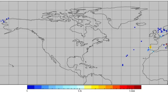 Figure 1. The distribution of data used in the matchups database. The map shows the number of  matchups in each 1° × 1° cell