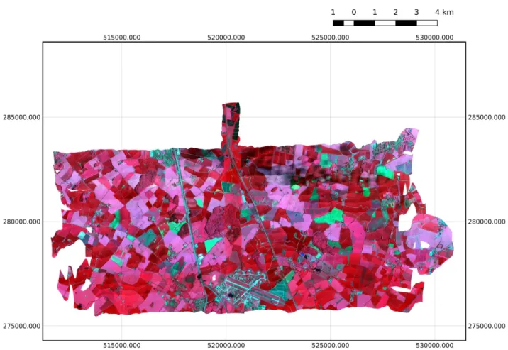 Figure 7. False colour VNIR composite of the atmospherically corrected data over Monks Wood, UK, made from 17 flight lines