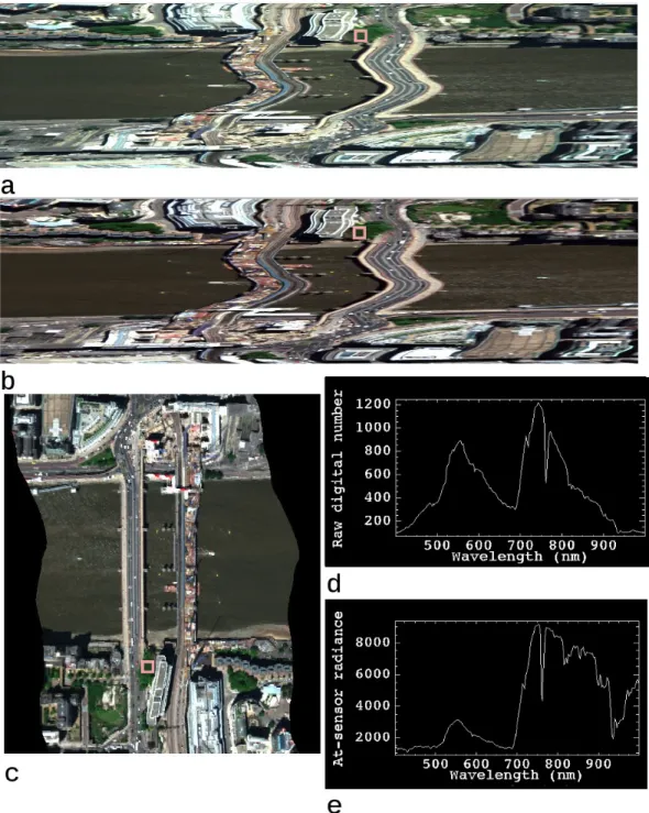 Figure 8: Example Eagle sensor (a) raw data, (b) radiometrically calibrated data and (c) georeferenced and resampled data
