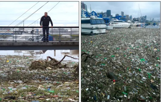 Figure 5.  Substantial quantities of plastics and debris covered waters of Durban harbour on the 23 rd  of April  2019, after flooding over the Easter weekend