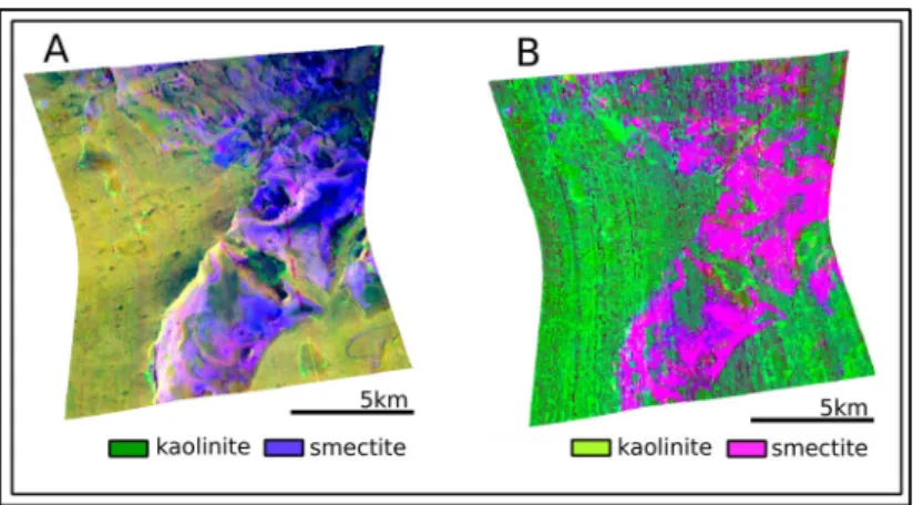 Figure 7. Comparison of different CRISM products for the image FRT0000A053. (A) uses R:BD1900H; G: BD2200; B: D2300 from Pelkey et al