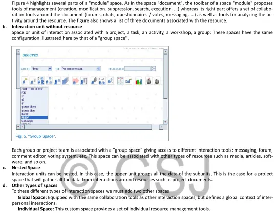 Figure 4 highlights several parts of a "module" space. As in the space "document", the toolbar of a space "module" proposes 