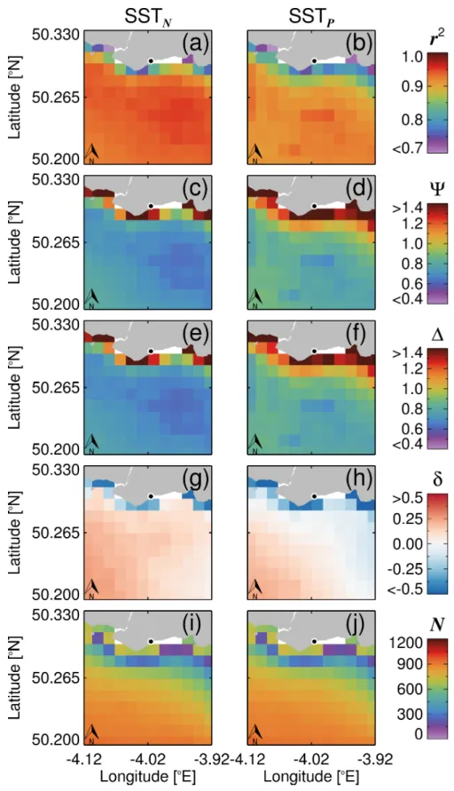 Figure 4. Spatial maps of statistical tests for match-ups within ± 1 h of kelp site in situ data for all AVHHR pixels (SST N and SST P products) within longitude − 4.12 to − 3.92 ◦ E and latitude 50.2 to 50.33 ◦ N