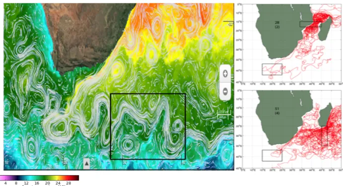Figure 3.  (left) Synoptic snapshot showing the combined SST (colour) and surface geostrophic current (white stippled lines)  obtained on 24 April 2015 (from http://globcurrent.oceandatalab.com)