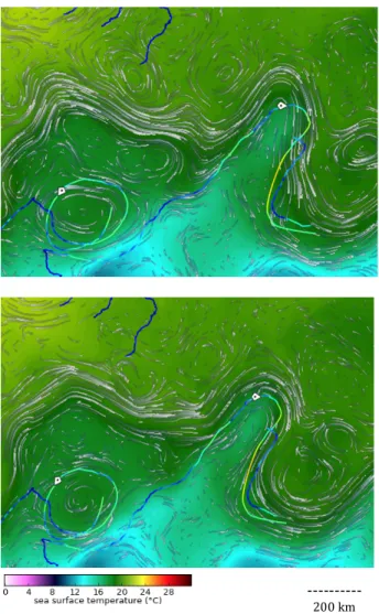 Figure 5. (upper) SST field and uncorrected streamlines from  altimetry on 24 April 2015 within the black box marked in  Figure 3 together with surface drifter trajectories