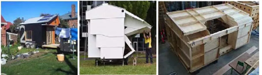 Figure 1. A selection of projects from the LBM digital fabrication research activity (left to right): The Castle2 in backyard setting;  The Castle5 – unfolding;  Scout-hut prototype)