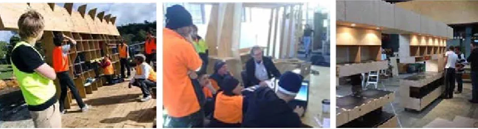 Figure 2. Left to right: Outdoor Learning Space assembly; collaboration with Youth Futures trainees;  Design-Made-Trade Exhibition Stand