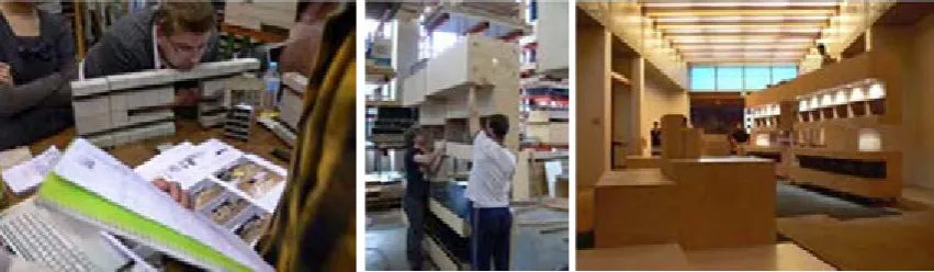 Figure 3. Left to right: Wall panel stress testing; Scout hut prototyping; Collaborative design environment