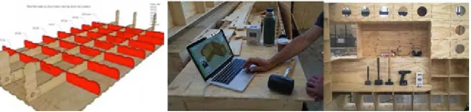 Figure 5. Left to right: animated assembly instructions; digital and manual tools; the Superslob toolset