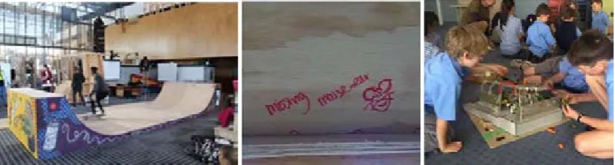 Figure 6. Left to right: Pop-up skate-ramp; identifying ‘missing mouse-ear’; design workshop  with primary school students