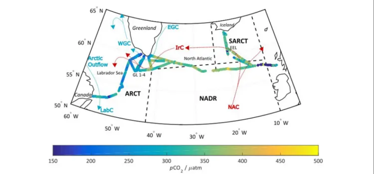 FIGURE 1 | The cruise track overlaid with the optode measured pCO 2 in µatm. The black dashed lines indicate the different biogeographical regions discussed in section Factors Controlling Surface Seawater pCO 2 across the Subpolar North Atlantic, while the