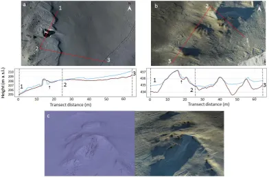Figure 6. Snow depth transects across two exemplar cases of diverse underlying topographies are The blue line represents the snow cover, the brown line the underlying topography