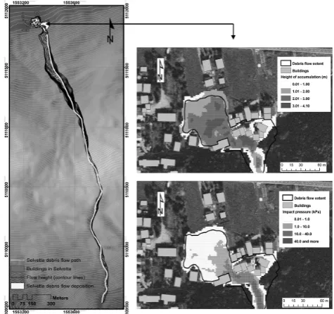 Fig. 6. Modelling results of the Selvetta debris ﬂow (left). Com-Figure 6 parison of the real and modelled debris ﬂow run-out extent: Themaximum heights of the accumulation and maximum impact pres-sures modelled by the FLO-2D model are shown (right).