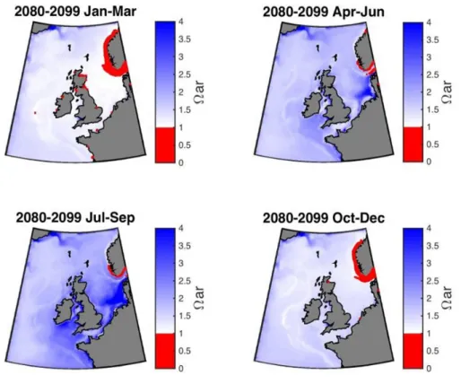Figure 7. Seasonal changes in projected sea surface aragonite saturation (Ωarg ) for 2080-2099 under a high CO 2  emissions sce- sce-nario (RCP 8.5)