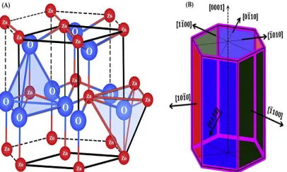 Figure 6(a). Hexagonal wurtzite crystal structure of ZnO, (b)HexagonalprismofZnOcrystalshowingdifferentcrystallographic faces [158]