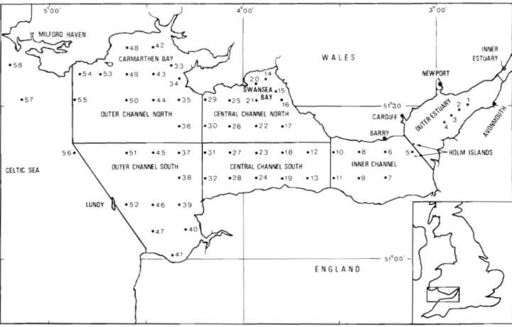 Fig.  1.  Chart of  Bristol Channel and Severn Estuary showing sub-regions and  sampling  sites  (1-58) 