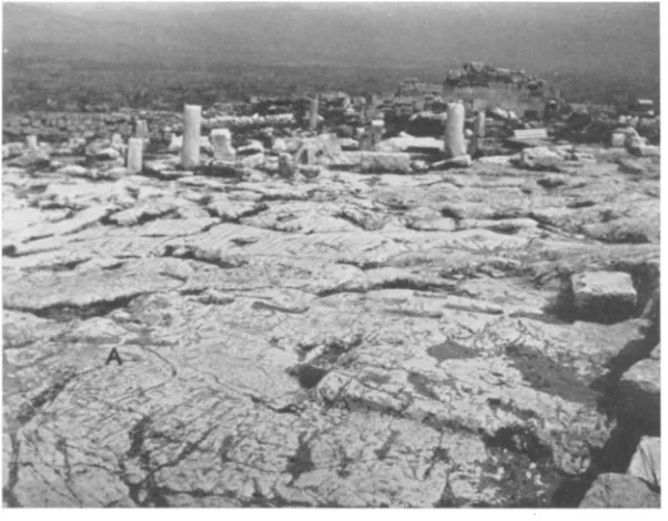 Fig. 15. Rock-cuttings for the north end of the east stoa of the Brauronian Artemis: A, cuttings for two stelai antedating the stoa 