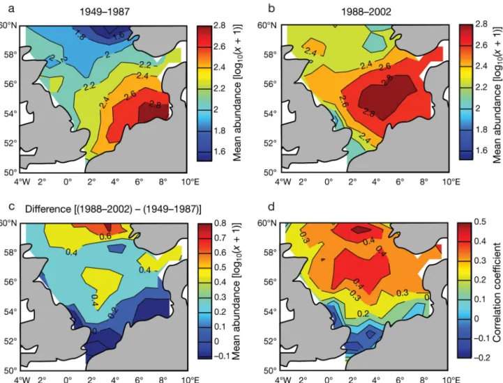 Fig. 6. Echinocardium cordatum. Spatial variation in larvae abundance and the correlation with sea surface temperature (SST) in the North Sea