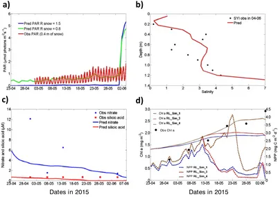 Figure 8. Results for the SYI/coring: (a) observed (red line, 15 s interval) and simulated daily averaged (SYI_Sim_1)and simulated net primary production (NPP) for simulations SYI_Sim_1, SYI_Sim_3, and SYI_Sim_4