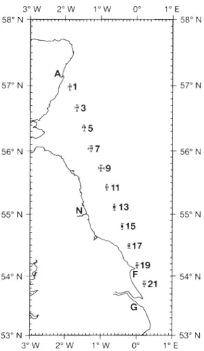 Fig. 6. Positions of  analysed plankton samples on the  LR  route  in 1989. The bars giving the range of  latitude and longitude of  the nud-points  of  the  samples intersect at the mean  position