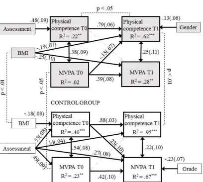 Figure 2:  The standardized results of the cross-lagged model for the intervention and control groups