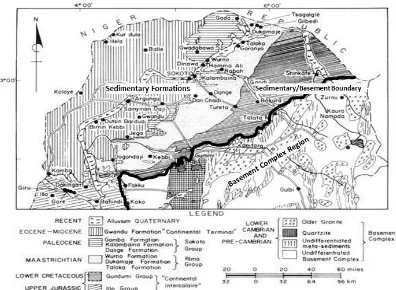 Figure 2: Geological map of the Sokoto Basin (Modified from Kogbe, 1981b) 