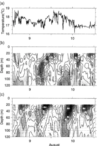 Fig. 6. Surface temperature (a), east–west (b) and north–south (c) components of shipborne ADCP velocity during the shelf time series experiment.