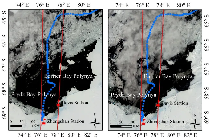 Figure 8.Figure 8. Sea ice in the region of interest as seen in composite Terra and Aqua MODIS imagery acquired on 23 November (left) and 25 November (right), 2012