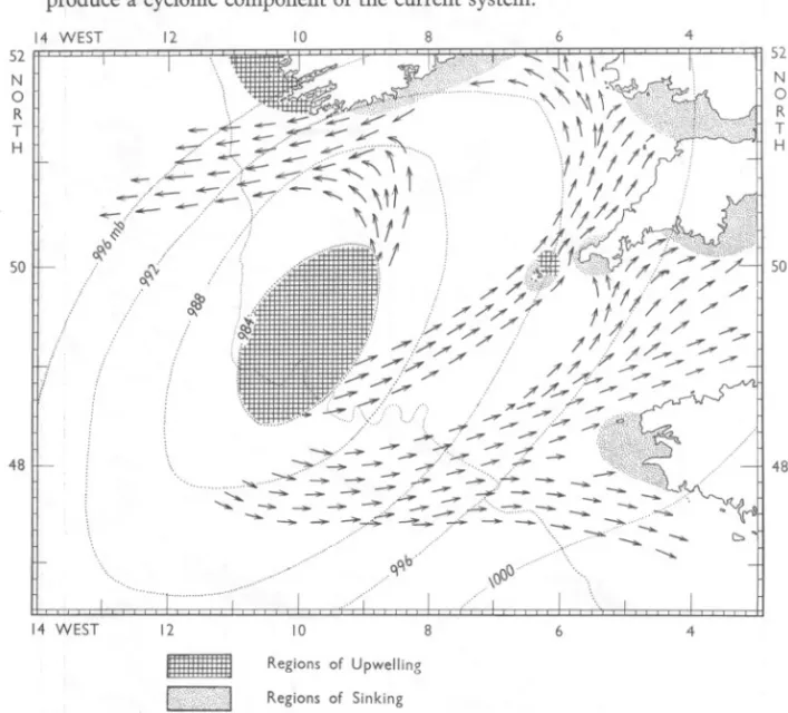 Fig. 2. The meteorological situation at 06'00 h on 6 January 1951 is used to illustrate the torque and resulting surface currents produced by a cyclonic depression centred over the Celtic Sea
