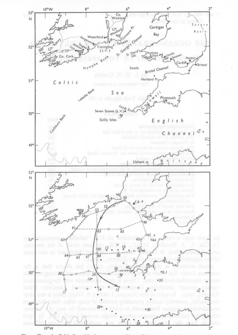 Fig. I. Top: the Celtic Sea with place names used here. Bottom: open circles, stations 18-30 April 1950; solid circles, stations 12-16 June 1950; pecked lines, sections shown in Figs