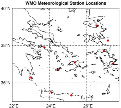 Fig. 8.Locations of the World Meteorological Organization(WMO) stations used in the statistical evaluation.