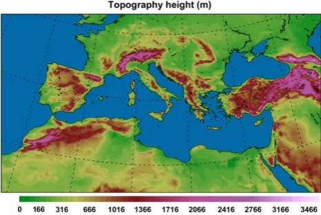 Fig. 2. The integration domain and the resolved topography (m) forthe entire experiments referred in this study.
