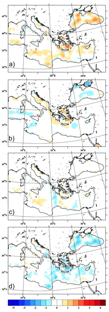 Fig. 5. Simulated storm tracks of the experiments (a) ECMWF-SST, AVHRR-SST, ClimOI-SST and GOS-SST, and (b) ECMWF-SST and ART-SST valid from 18:00 UTC 21 January 2004 to 12:00UTC 22 January 2004 with 3-h time increment (7 time spots)