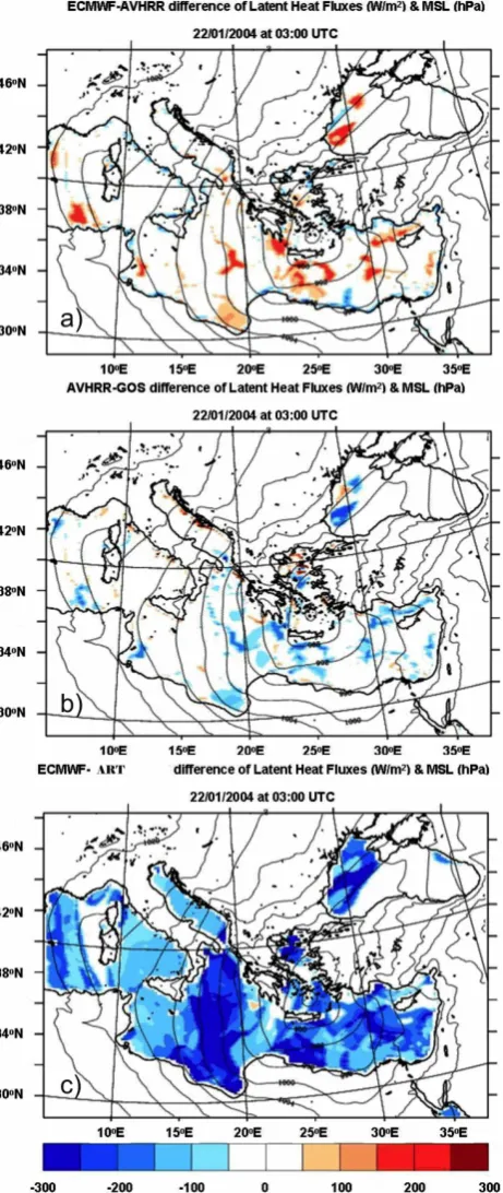 Fig. 7.Maps of the difference of the surface latent heatAVHRR-SST and GOS-SST andsimulations, valid at 03:00 UTC on 22 January 2004