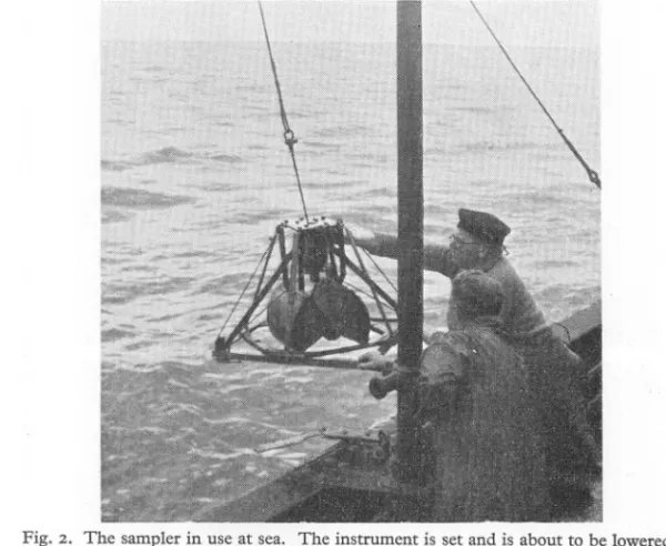 Fig. 2. The sampler in use at sea. The instrument is set and is about to be lowered.