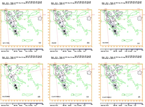 Fig. 4. 6-h accumulated precipitation from t +12 up to t +18 during the period 12:00–18:00 UTC 30 August 2009 from the MM5 simulationusing the (a) unmodiﬁed version of KF scheme, (b) PEF09, (c) RATE01, (d) RATE0001, (e) EASYTRIG1, (f) EASYTRIG2, (g) 1MIN,(h) 15MIN, (i) CJAmod and (j) PR modiﬁcation.