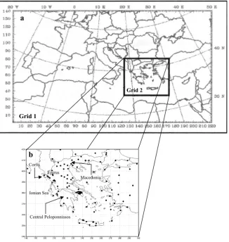 Fig. 1. (a) MM5 nested model domains.Fig. 1. (a) MM5 nested model domains. (b) Location of the 113 rain gauges (denoted  (b) Location of the 113 rain gauges (marked by black circles) used in the veriﬁcation procedure.