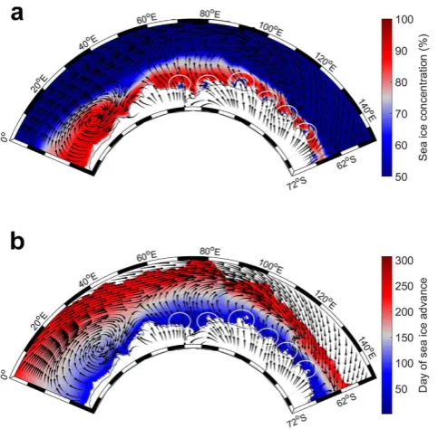 Figure 2. Climatological patterns of sea ice and near-surface winds from 2004 to 2014