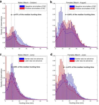 Figure 3. in minutes) are represented for negative or positive sea ice concentration (SIC) anomalies (see Methods) for  (a)and lines represent the median hunting time for each group of anomalies for males and females