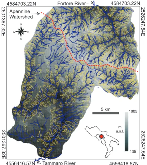 Fig. 1. Location map and DEM of the study area. Landslide distri-bution (data from Guadagno et al., 2006) is shown in yellow.