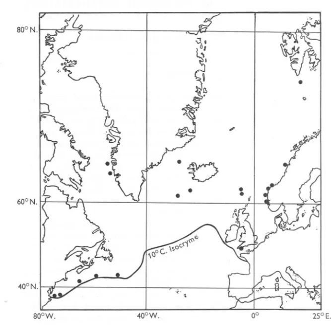 Fig. I. The recorded distribution of D. (Leptoclinides)faeroense,showing agreement between the most southerly records of the species and the mid-winter sea temperature of 10° C.