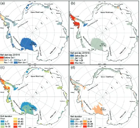 Fig. 6.6. Estimated surface melt for the 2015/16 austral summer: (a) melt start day, (b) melt end day, (c) melt duration (in days), and (d) melt duration anomalies (in days).