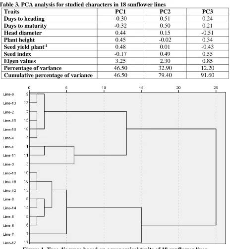 Figure 1. Tree diagram based on agronomical traits of 18 sunflower lines 