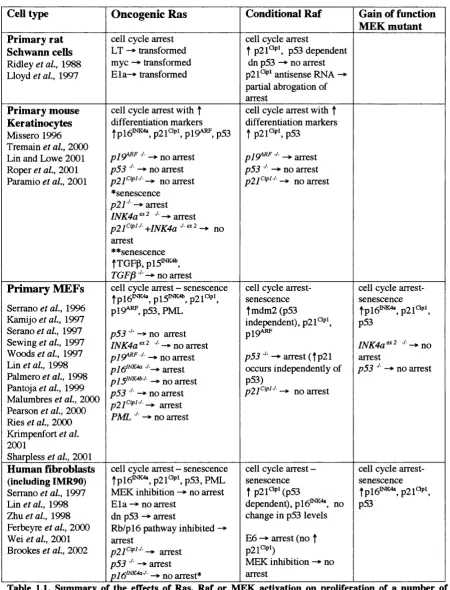 Table 1.1. Summary of the effects of Ras, Raf or MEK activation on proliferation of a number of 