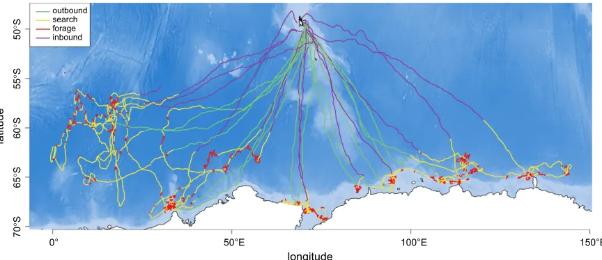 FIG. 3.Fifteen elephant seal tracks, colored by Viterbi-decoded states. The white area at the bottom is the Antarctic continent.(For colors, refer to the online version of the paper.) [Color figure can be viewed at wileyonlinelibrary.com]