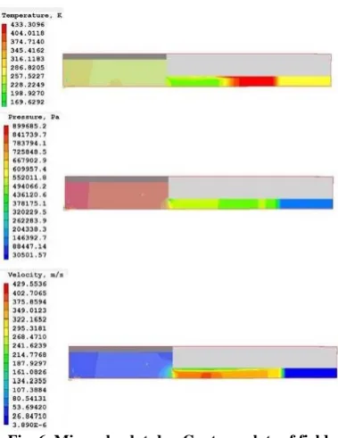 Fig. 6. Micro shock tube: Contour plots of field variables after 0.1ms. 
