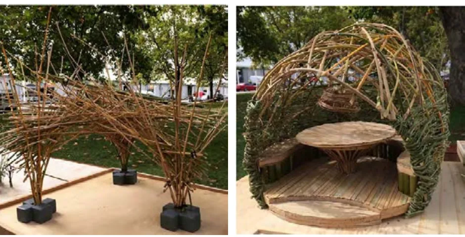 Figure 1 : Scale models testing bamboo systems (left) and detail (right). Images: Helen Norrie